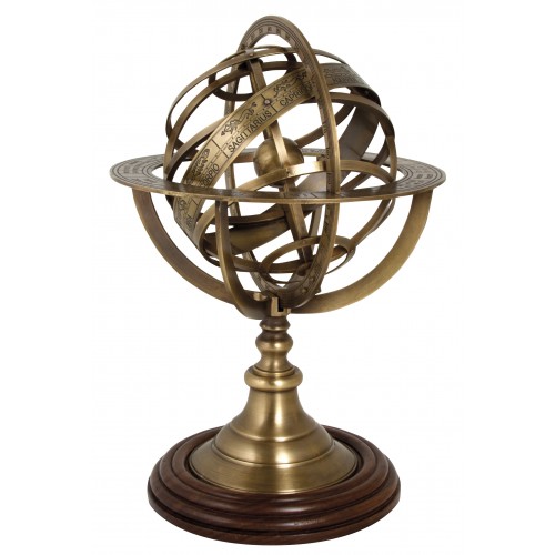 Armillary Sphere in Antique Brass with Polished Wooden Base